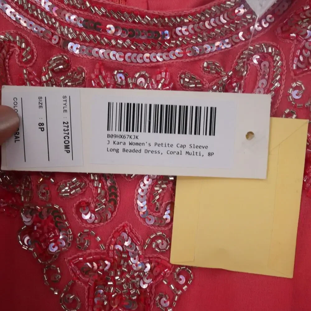 NEW J. Kara Women's 8 Petite Cap Sleeve Beaded Top Long Dress Coral 2737 - Picture 8 of 14